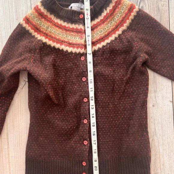 Vintage 100% Lambs Wool Eagles Eye Brown Patterned Cardigan Sweater Small - Picture 7 of 8